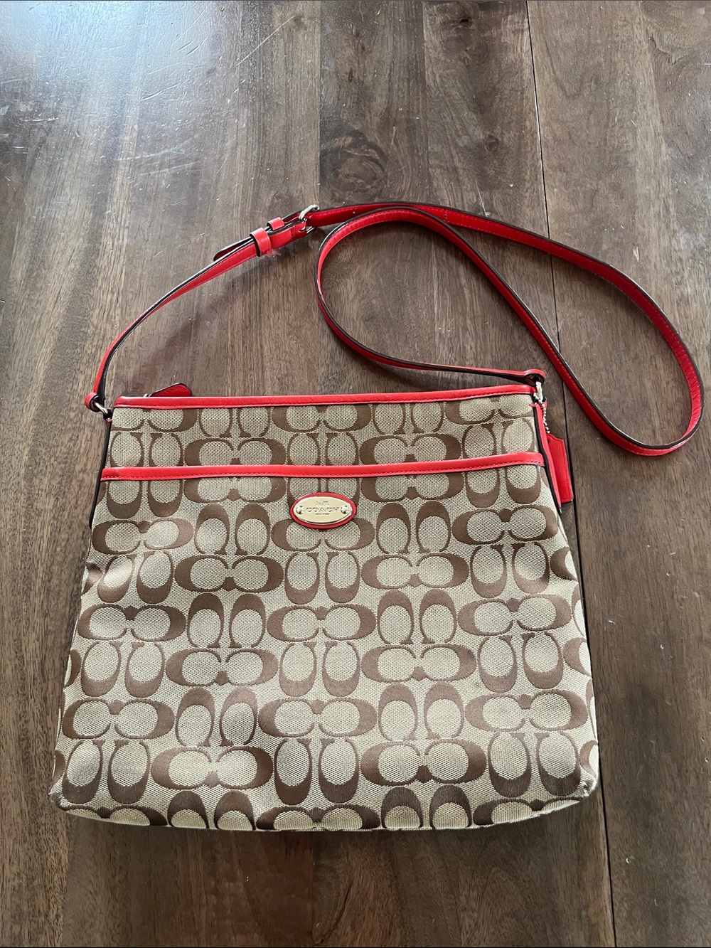 Coach Khaki Signature Crossbody with Red Trim purse bag